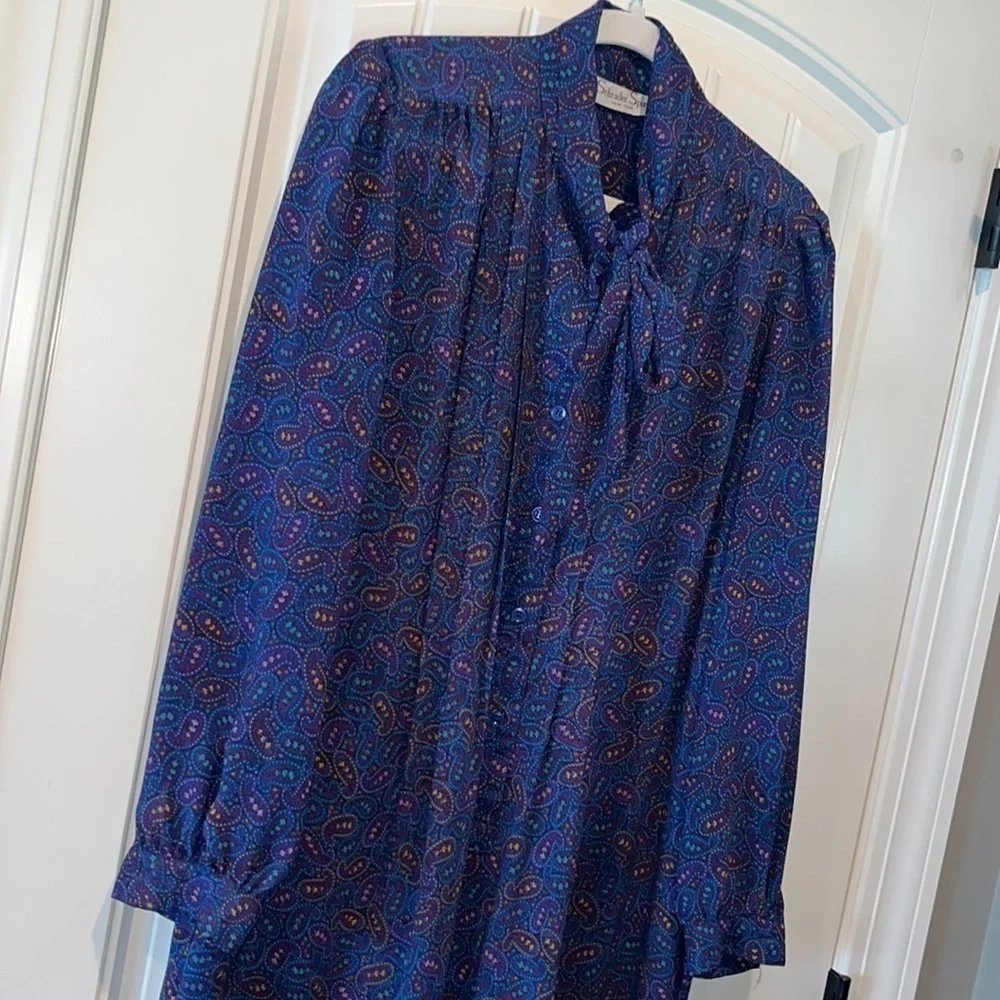 Vintage purple Paisley midi/maxi long sleeve button dress with tie sz L 12 boho